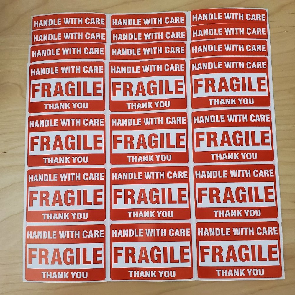48 Large Fragile Handle With Care Stickers & Thank you Self Stick Labels 3" x 2